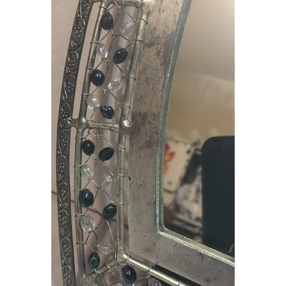 Silver-Tone Sapphire and Iridescent Glass Bead Hand Tied Mirror Art Deco Boho‎
